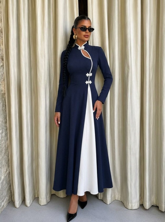 Rochie lungă crepon cu mâneci lungi, guler asimetric cu detaliu picătură, bicolor, 37444
