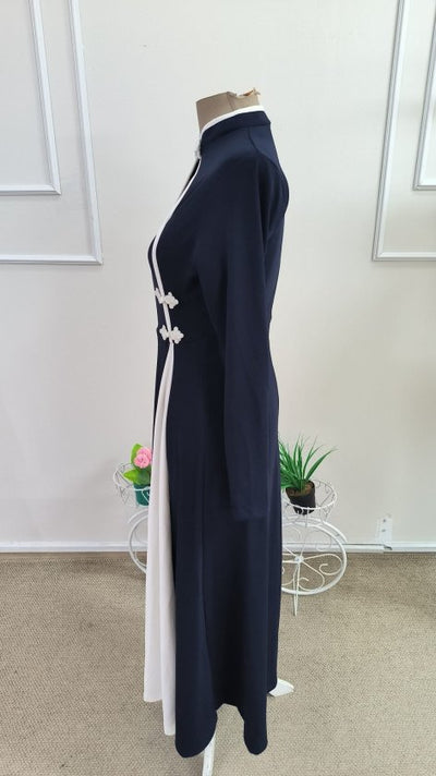 Rochie lungă crepon cu mâneci lungi, guler asimetric cu detaliu picătură, bicolor, 37444