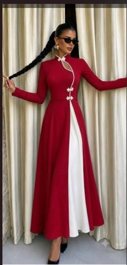 Rochie lungă crepon cu mâneci lungi, guler asimetric cu detaliu picătură, bicolor, 37445