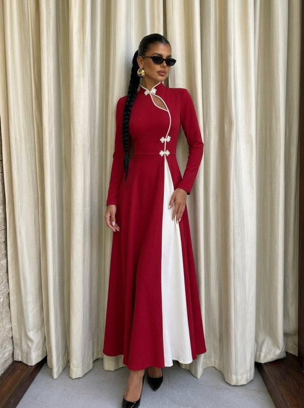 Rochie lungă crepon cu mâneci lungi, guler asimetric cu detaliu picătură, bicolor, 37445