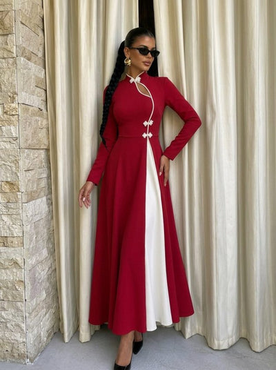 Rochie lungă crepon cu mâneci lungi, guler asimetric cu detaliu picătură, bicolor, 37445