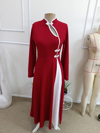 Rochie lungă crepon cu mâneci lungi, guler asimetric cu detaliu picătură, bicolor, 37445