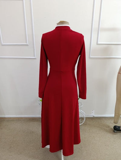 Rochie lungă crepon cu mâneci lungi, guler asimetric cu detaliu picătură, bicolor, 37445