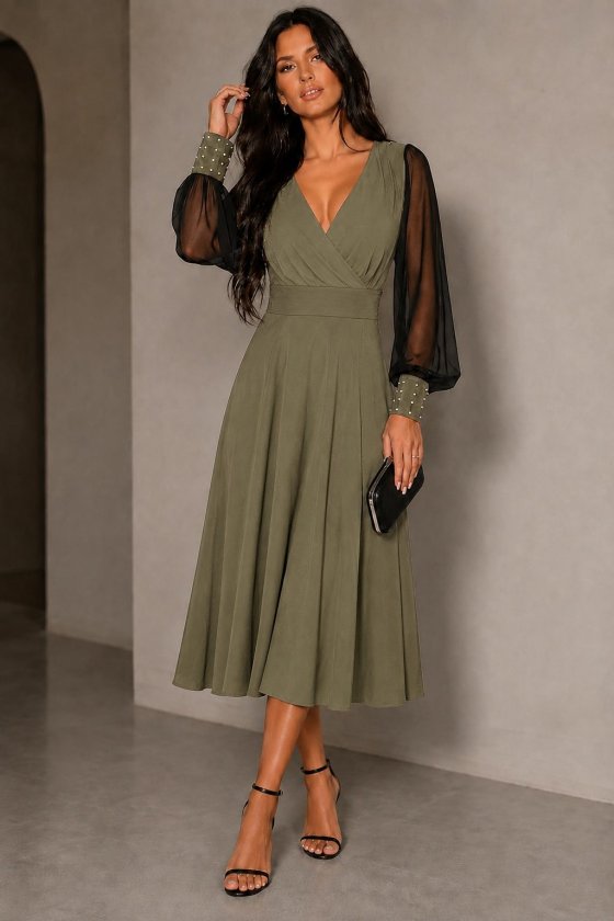 Rochie midi din viscoză cu mâneci lungi, guler wrap, cu tull și perle, 37459