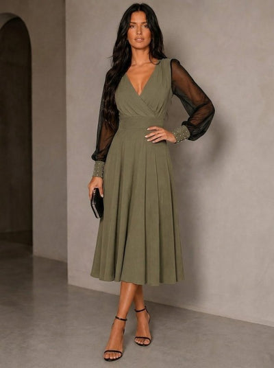 Rochie midi din viscoză cu mâneci lungi, guler wrap, cu tull și perle, 37459