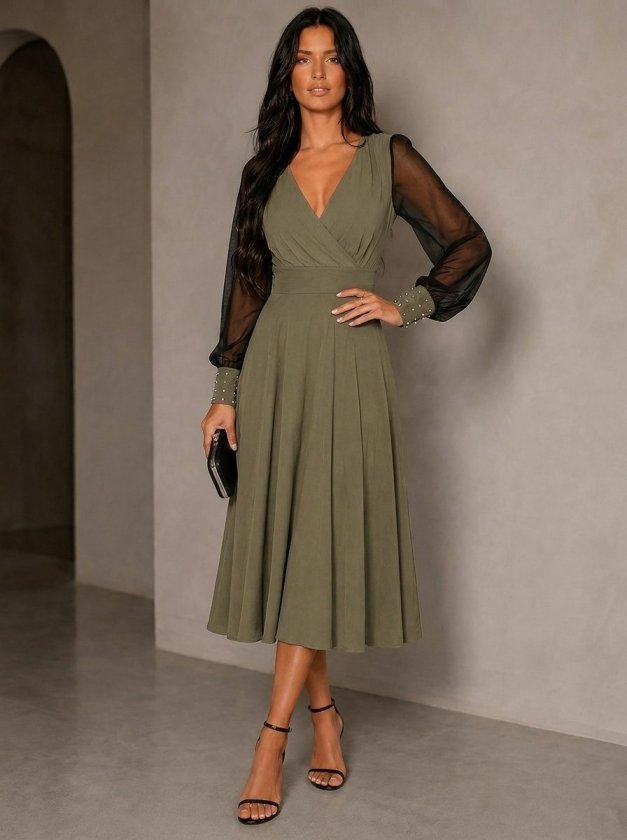 Rochie midi din viscoză cu mâneci lungi, guler wrap, cu tull și perle, 37459