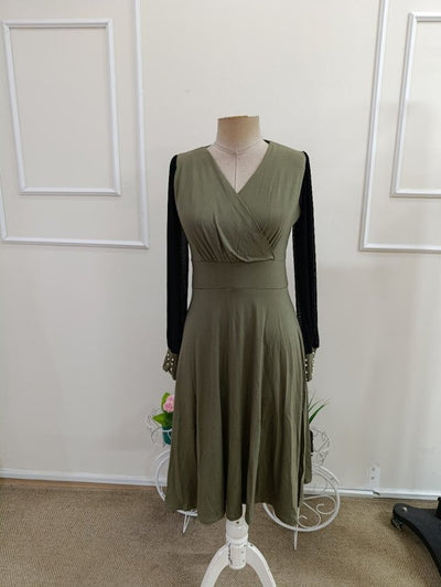 Rochie midi din viscoză cu mâneci lungi, guler wrap, cu tull și perle, 37459