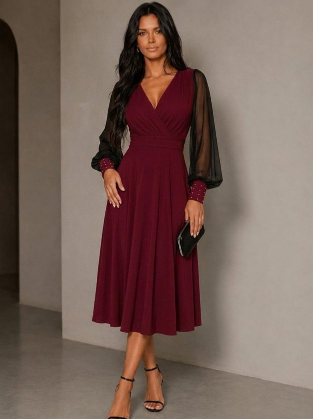 Rochie midi din viscoză cu mâneci lungi, guler wrap, cu tull și perle, 37460