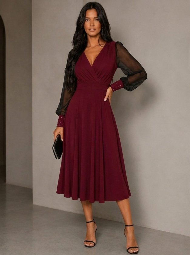 Rochie midi din viscoză cu mâneci lungi, guler wrap, cu tull și perle, 37460