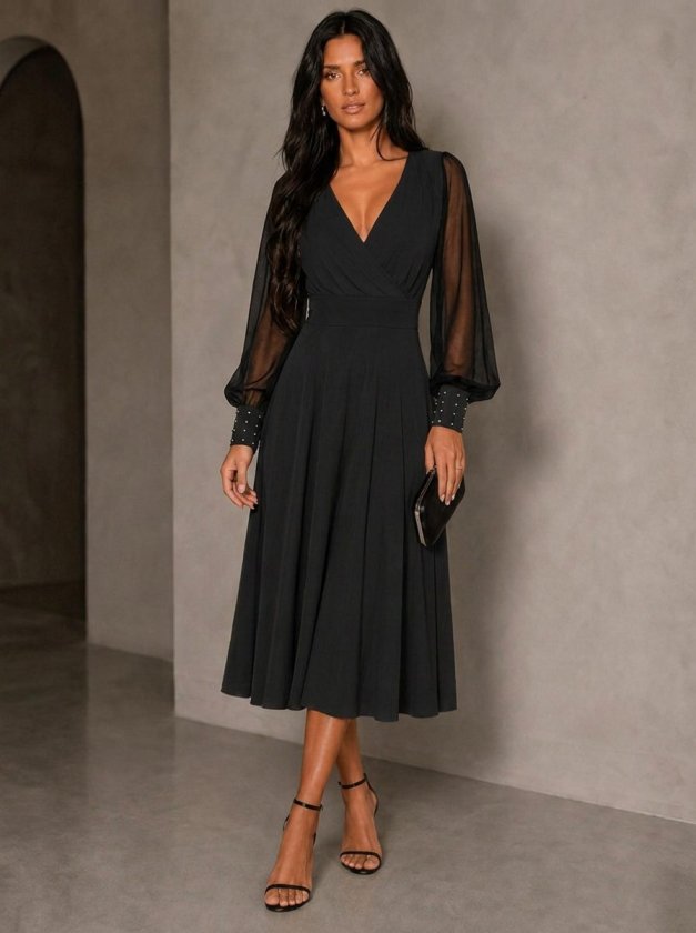 Rochie midi din viscoză cu mâneci lungi, guler wrap, cu tull și perle, 37461