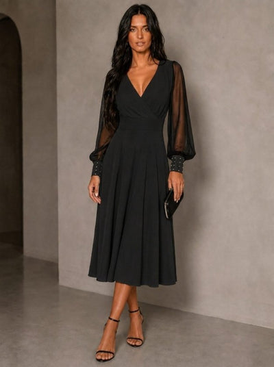 Rochie midi din viscoză cu mâneci lungi, guler wrap, cu tull și perle, 37461