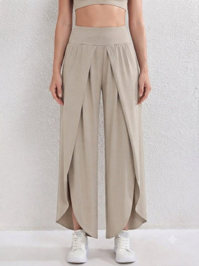Pantalon din material ușor cu talie înaltă elastică, cu detaliu diagonal frontal, 37474
