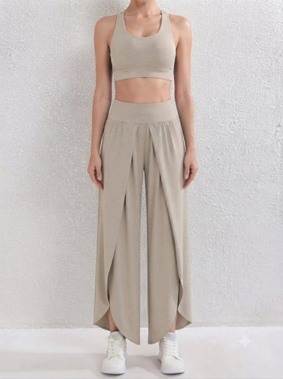 Pantalon din material ușor cu talie înaltă elastică, cu detaliu diagonal frontal, 37474