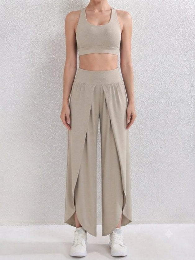Pantalon din material ușor cu talie înaltă elastică, cu detaliu diagonal frontal, 37474