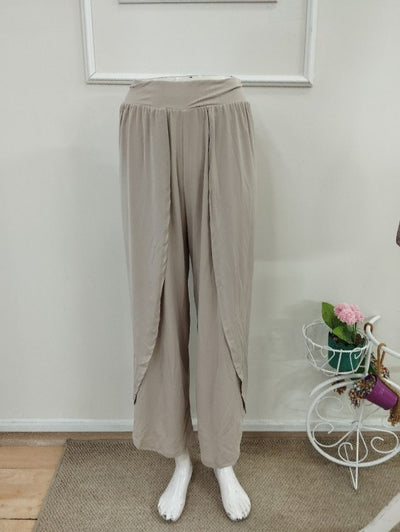 Pantalon din material ușor cu talie înaltă elastică, cu detaliu diagonal frontal, 37474
