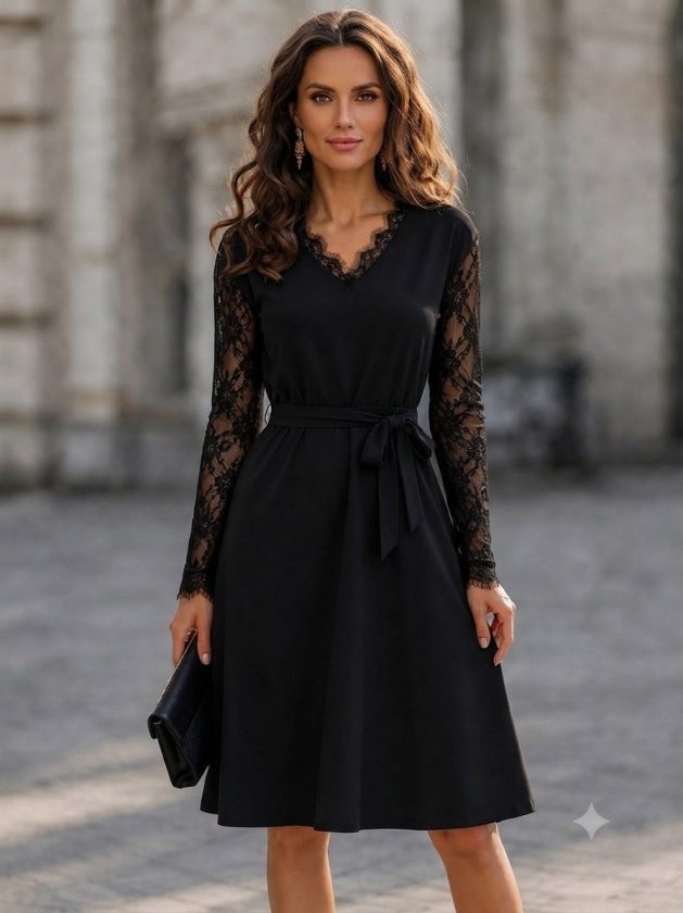 Rochie crepon scurtă din import cu mâneci lungi, guler V din dantelă, cu curea și buzunare, 37475