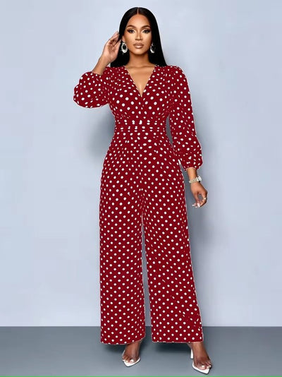 Salopetă din jersey cu model, cu mâneci lungi, guler wrap, cu froncuri la talie, lungă, 37476