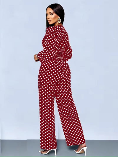 Salopetă din jersey cu model, cu mâneci lungi, guler wrap, cu froncuri la talie, lungă, 37476