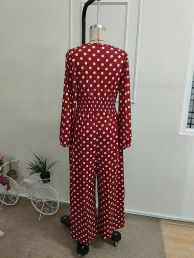 Salopetă din jersey cu model, cu mâneci lungi, guler wrap, cu froncuri la talie, lungă, 37476