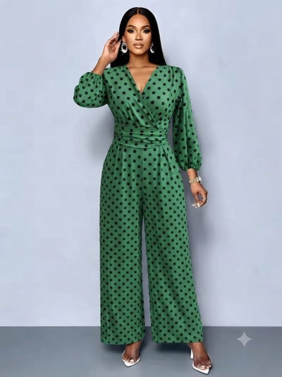 Salopetă din jersey cu model, cu mâneci lungi, guler wrap, cu froncuri la talie, lungă, 37477
