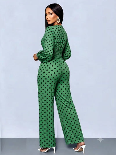 Salopetă din jersey cu model, cu mâneci lungi, guler wrap, cu froncuri la talie, lungă, 37477