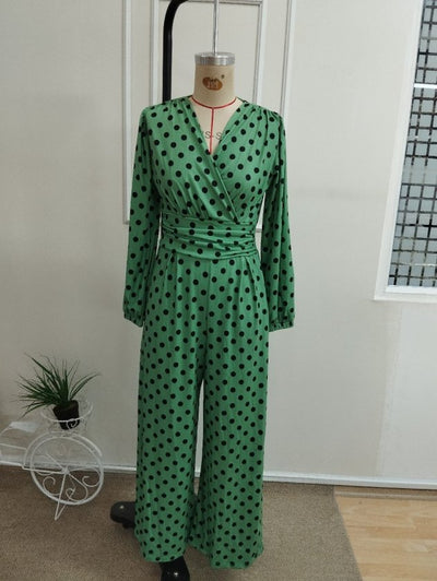 Salopetă din jersey cu model, cu mâneci lungi, guler wrap, cu froncuri la talie, lungă, 37477