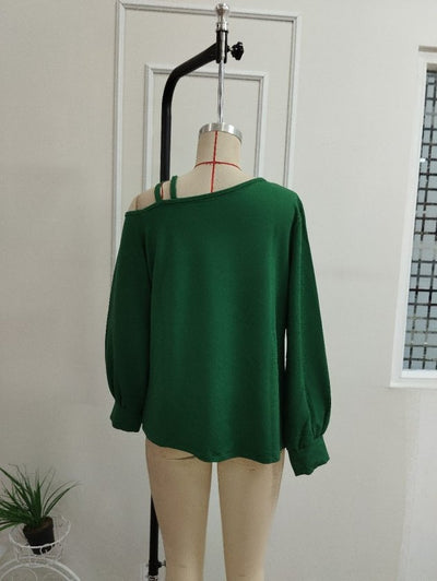Bluză cu mâneci lungi din viscoză dublă, o umăr, cu detaliu șnur diagonal, 37483