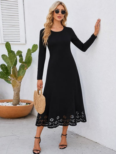 Rochie midi crepon din import, cu mâneci lungi, guler rotund, cu detaliu flori tăiat cu laser, 37485