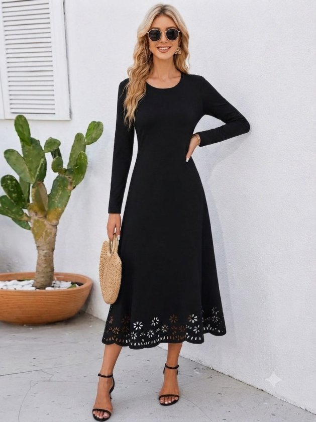 Rochie midi crepon din import, cu mâneci lungi, guler rotund, cu detaliu flori tăiat cu laser, 37485