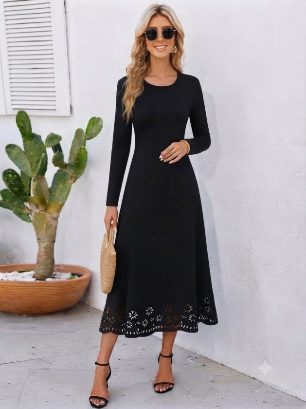 Rochie midi crepon din import, cu mâneci lungi, guler rotund, cu detaliu flori tăiat cu laser, 37485