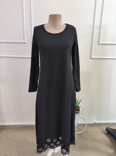 Rochie midi crepon din import, cu mâneci lungi, guler rotund, cu detaliu flori tăiat cu laser, 37485
