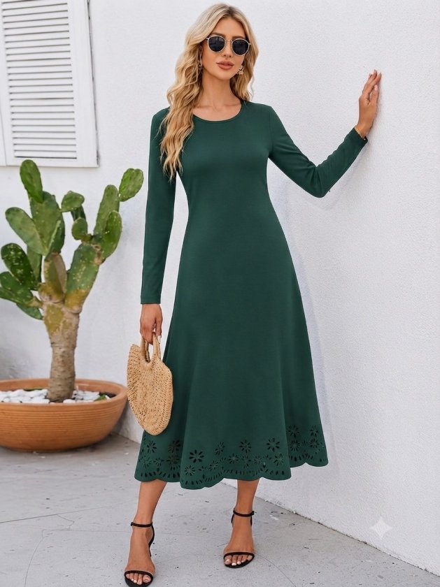 Rochie midi crepon din import, cu mâneci lungi, guler rotund, cu detaliu flori tăiat cu laser, 37486