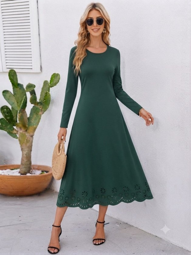 Rochie midi crepon din import, cu mâneci lungi, guler rotund, cu detaliu flori tăiat cu laser, 37486