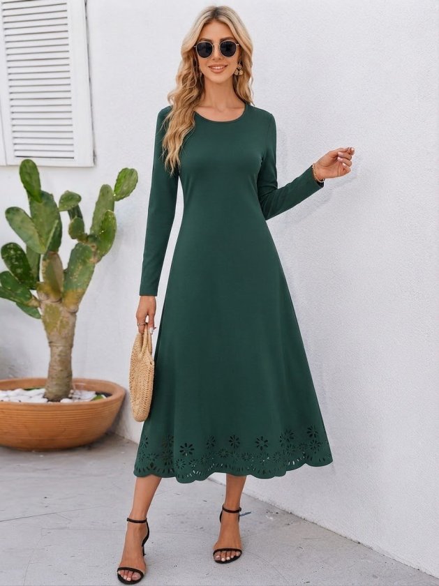Rochie midi crepon din import, cu mâneci lungi, guler rotund, cu detaliu flori tăiat cu laser, 37486