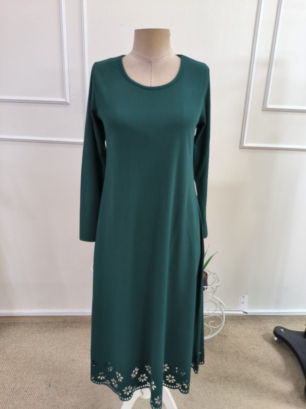 Rochie midi crepon din import, cu mâneci lungi, guler rotund, cu detaliu flori tăiat cu laser, 37486