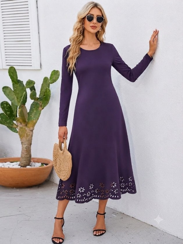 Rochie midi crepon din import, cu mâneci lungi, guler rotund, cu detaliu flori tăiat cu laser, 37487