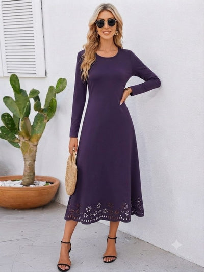 Rochie midi crepon din import, cu mâneci lungi, guler rotund, cu detaliu flori tăiat cu laser, 37487