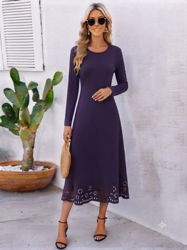 Rochie midi crepon din import, cu mâneci lungi, guler rotund, cu detaliu flori tăiat cu laser, 37487