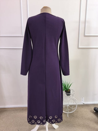 Rochie midi crepon din import, cu mâneci lungi, guler rotund, cu detaliu flori tăiat cu laser, 37487