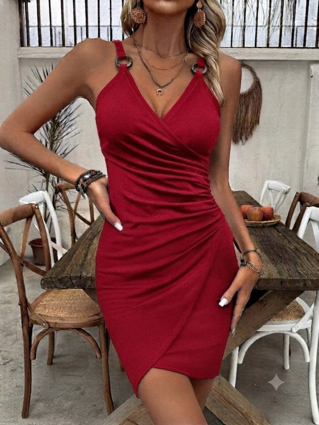 Rochie mini crepon din import, cu bretele șnur, guler wrap, cu detaliu halcă și tăietura asimetrică, 37490