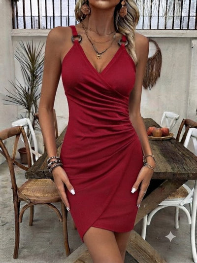 Rochie mini crepon din import, cu bretele șnur, guler wrap, cu detaliu halcă și tăietura asimetrică, 37490