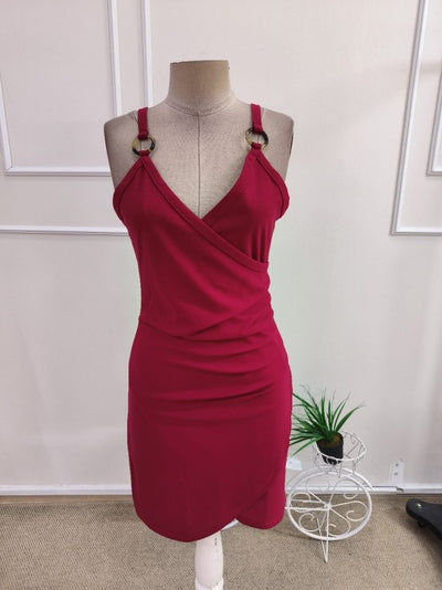 Rochie mini crepon din import, cu bretele șnur, guler wrap, cu detaliu halcă și tăietura asimetrică, 37490