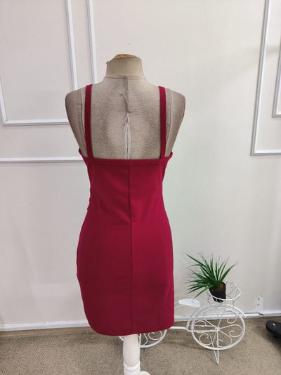 Rochie mini crepon din import, cu bretele șnur, guler wrap, cu detaliu halcă și tăietura asimetrică, 37490