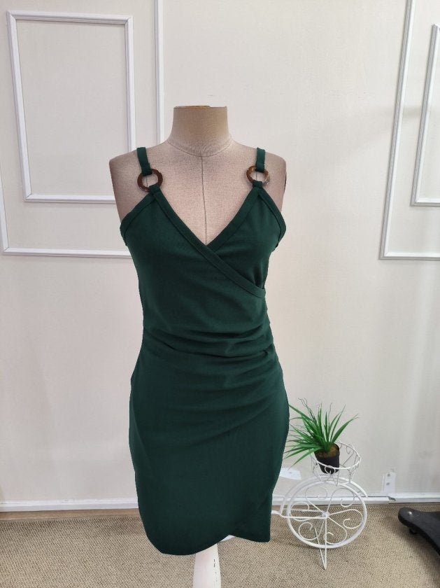 Rochie mini crepon din import, cu bretele șnur, guler wrap, cu detaliu halcă și tăietura asimetrică, 37491