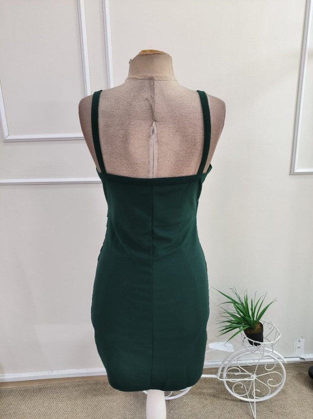 Rochie mini crepon din import, cu bretele șnur, guler wrap, cu detaliu halcă și tăietura asimetrică, 37491