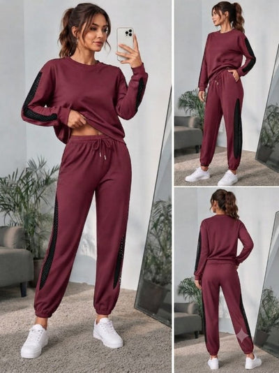 Compleu bluză cu mâneci lungi, guler barcă, detaliu tull și pantalon din viscoză dublă, 37521