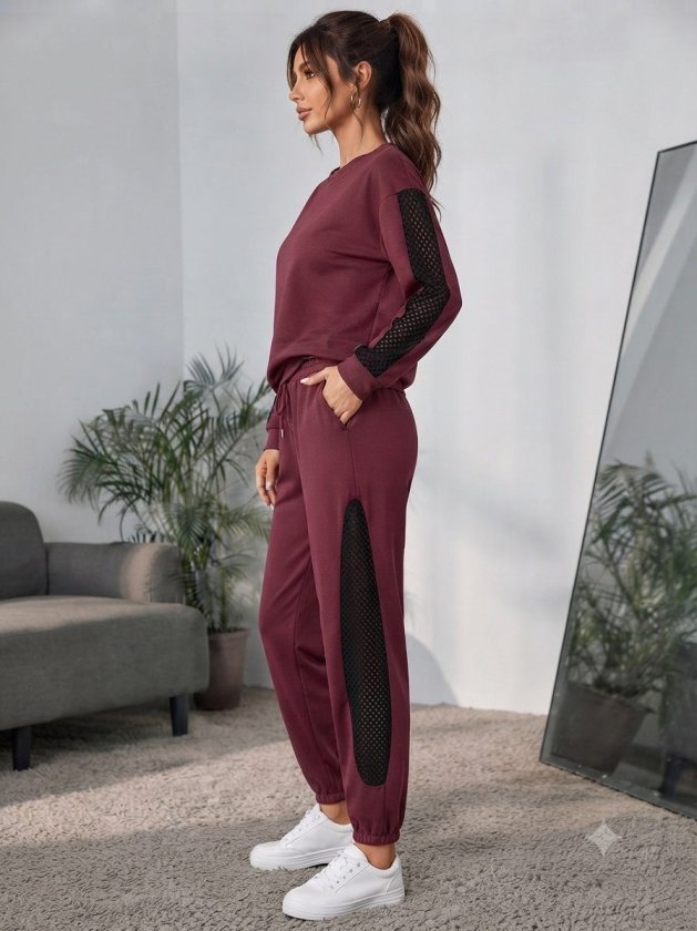 Compleu bluză cu mâneci lungi, guler barcă, detaliu tull și pantalon din viscoză dublă, 37521