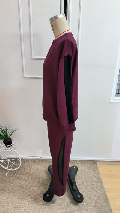Compleu bluză cu mâneci lungi, guler barcă, detaliu tull și pantalon din viscoză dublă, 37521
