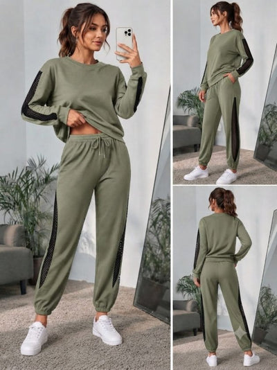 Compleu bluză cu mâneci lungi, guler barcă, detaliu tull și pantalon din viscoză dublă, 37522