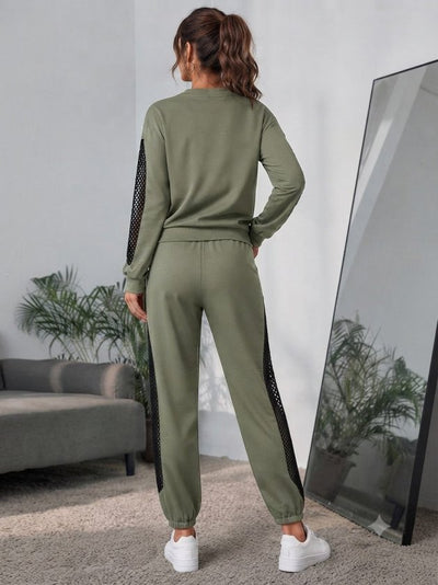 Compleu bluză cu mâneci lungi, guler barcă, detaliu tull și pantalon din viscoză dublă, 37522